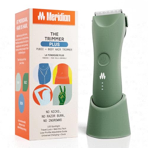 MERIDIAN Trimmer Plus Body Hair Manscaping Trimmer, Adjustable Guard, USB C Charging, Flash Light, Travel Lock, Charging Dock, Bikini Trimmer, Mens Body Hair Trimmer - Sage