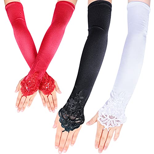 SATINIOR 3 Pairs Fingerless Gloves Long Red White Black Satin Gloves for Women Halloween Wedding Tea Party Flapper Evening 1920s Opera Accessories