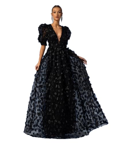 Women's Floral Tulle A Line Puffy Sleeve Prom Dresses Elegant V Neck Formal Evening Party Gowns Black