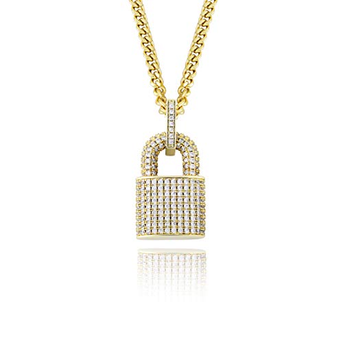 TOPGRILLZ 14K Gold Plated Iced out Lock Pendant Necklace for Women and Men Punk Rock Aesthetic Chains Padlock Necklace (Gold)