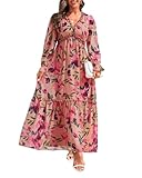 Women's Casual Long Sleeve Maxi Dress Floral Print Pink Boho Deep V Neck Wedding Guest Evening Party Chiffon Dresses