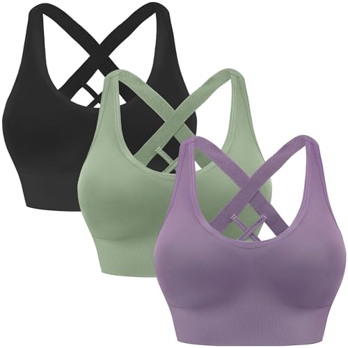 BLUELILY Sports Bras for Women High Impact Cross Back Strappy Bras Cropped Padded Seamless Workout Yoga Bras Set