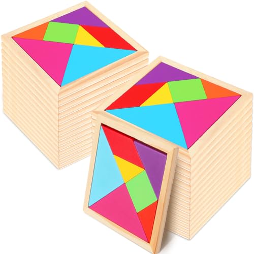 Syhood 24 Pieces Tangrams Puzzles for Students Party Favors Wooden Tangram Pattern Blocks Brain Logic Blocks for Manipulatives Games Educational Gifts and Party Favors(Classic)