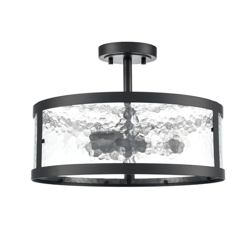 Industrial Black Semi Flush Mount Ceiling Light Harmmered Glass Farmhouse Ceiling Light Fixture 3-Light Ceiling Light for Bedroom Kitchen Bathroom Entryway Proch
