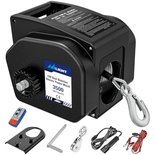 Nilight Boat Trailer Winch 3500 lbs Portable Electric Boat Winches 12 V DC Marine Winch with Remote Control and Hand Crank Power-in Freewheel Operation Waterproof Reversible Winch for Boat Trailer