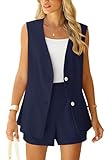 QUEZHU 2 Piece Sets for Women Summer Sleeveless Linen Blazer and Suit Shorts Sets Fashion Vacation Matching Set,Navy Blue,X-Large