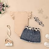 CETEPY 9-12 Months Baby Girl Clothes Newborn Romper Ruffle Sleeve Short Jeans Skirt with Headband Infant Outfits Set Sunflower Leopard 9-12 Months