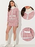 Allegra K Business Suit Set for Women's 2 Piece Outfits Plaid Tweed Short Blazer Jacket and Skirt Sets Large Pink