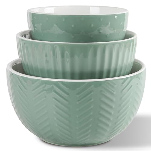 HAPPY KIT Ceramic Mixing Bowls Set, Serving Bowls Set For Kitchen,Large 5/3/1.5 Quart Bowl Set of 3, Prep Nesting Bowl for Baking and Mixing Salad,Avocado green