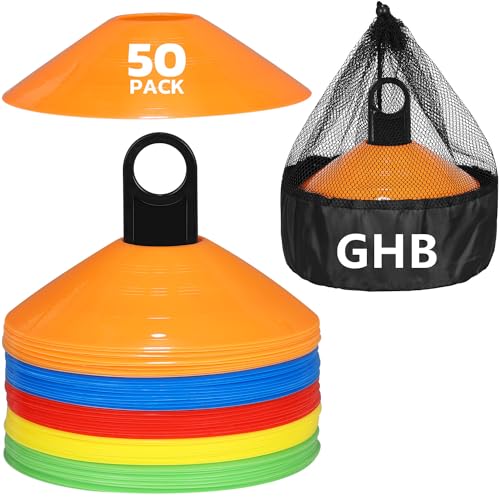 GHB Soccer Cones 50/100 Pack Disc Soccer Sport Cones Training Field Marker Agility Cones for Traffic, Basketball, Coaching, Practice Equipment Includes Cone Drills Guide (50 Pack)
