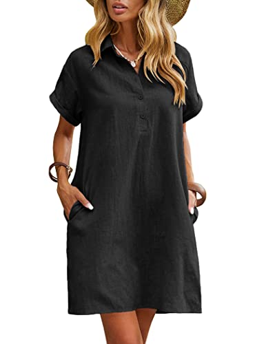 Zeagoo Women Summer Casual T Shirt Dresses Cotton Short Sleeve Button Down Tunic Dress with Pockets Black S