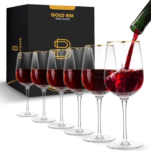 Berkware Wine Glass Set of 6 - Long Stem Red Wine Glasses with Elegant Gold Rim - Premium Crystal Glasses for Parties and Special Occasions