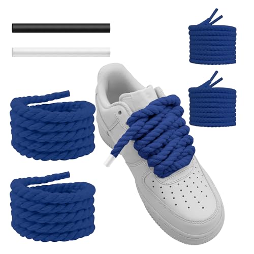 UamGlsob 2/5''(10mm) Thick Rope Shoe Laces for Sneaker, Round Cotton Chunky Shoelaces Replacement Strings for Sneakers (Blue, 54''/140cm)