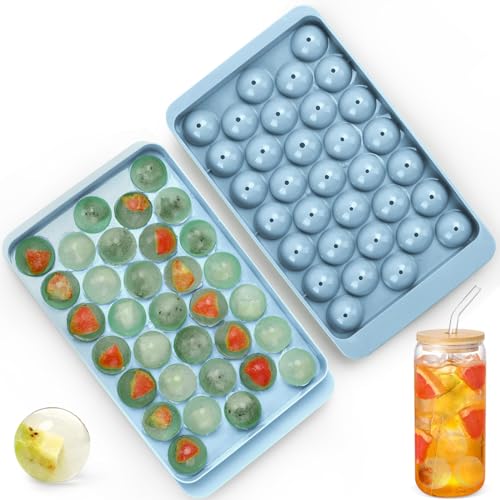 Blue Round Ice Cube Trays - 33 Pcs x 1 Inch, Lid & Sphere Ice Ball Maker