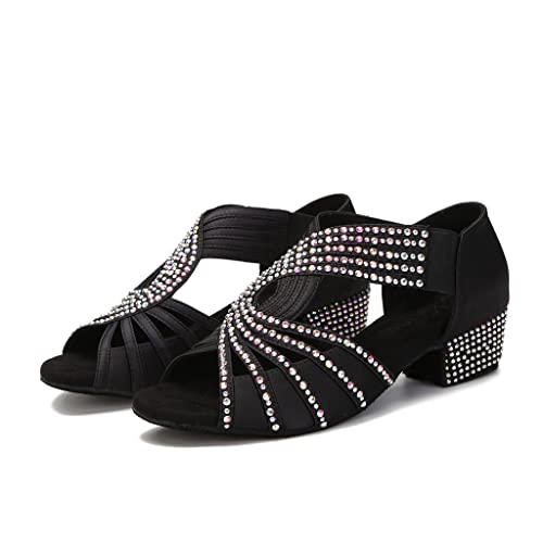 YYTing Half Rhinestones Ballroom Dance Shoes Women Latin Salsa Practic Wedding Indoor Crystal Suede Footwear 1.5in Heels YT17(6.5,Black)