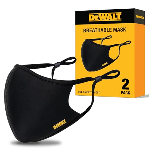 DEWALT Breathable Cloth Face Masks — Adjustable Earloops and Removable Neckstrap — Black — 2-Pack