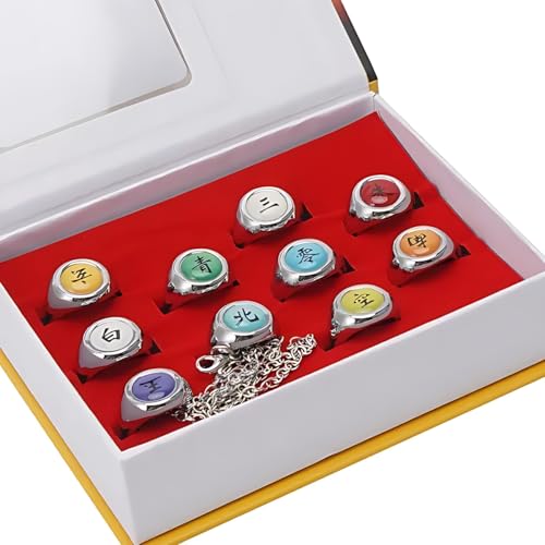 Naruto Akatsuki Rings Set 10pcs With Chain Cosplay Itachi Sharingan Box Anime Hidden Leaf Village, Set Includes 10 Akatsuki Rings And Chain