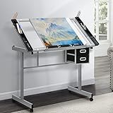 MoNiBloom Drafting Table on Wheels with Storage & Side Tray - Adjustable 0-65° Glass Tabletop, Replaceable Feet Art Desk