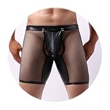 Evankin Men's See Through Sexy Mesh With Faux Leather Loose Shorts Pants Erotic Clubwear Button Removable Pouch(A4-50Hei,XL)