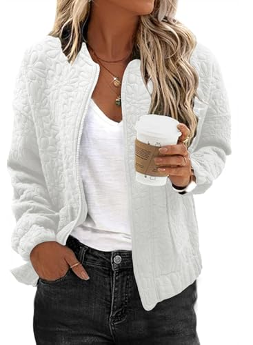 EVALESS Jackets for Women Fashion 2025 Spring Outfits Business Casual Womens Clothes Cute Tops Classic Bomber Jacket Lightweight Long Sleeve Stand Collar Zip Up White Jacket with Pockets, Small