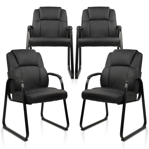 CLATINA Leather Guest Chair with Padded Arm Rest for Reception Meeting Conference and Waiting Room Side Office Home Black with Sled Base 4 Pack
