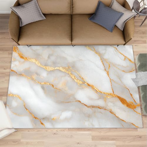 JELAIXO White and Gold Marble Rugs for Living Room 5 x 7 Area Rug Abstract Texture Non Slip Washable Rugs Nordic Modern Luxury Marble Floor Mat for Bedroom Dorm Kitchen Classroom Dining Room