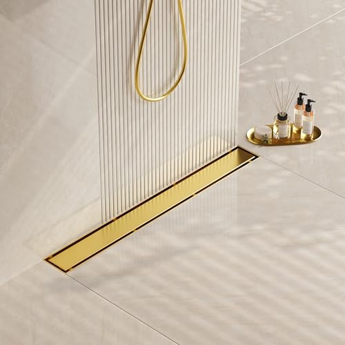 Neodrain 24-Inch Gold Linear Shower Drain, 2-in-1 Flat & Tile Insert Cover, Stainless Steel Linear Drain, Brushed Brass Rectangle Shower Floor Drain with Hair Strainer, Watermark&CUPC Certified