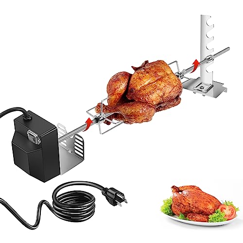 Rotisserie Grill Kit, Automatic Rotating BBQ, UL Certificated Universal Grill Rotisseries with 120V 4W Motor, 28” Spit Rod, 2 x 4 Forks, Complete Holders, and Fixing Screw for Backyard and Outdoor