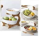 Ceramic Double Fruit Plate with Bamboo Wood Shelf, Stackable Fruit Tray for Living Room, Home, and Kitchen - Eco-Friendly & Easy to Clean