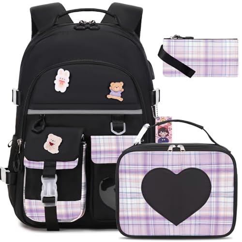 ACESAK Backpack for Girls - Bookbag Backpacks Schoolbag for Girls Kids Teen Women Casual Travel Daypacks - School Bag Elementary Middle School College Cute Backpack with Lunch Box (Black Purple)
