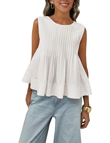 Megfie Womens Summer Pleated Peplum Sleeveless Blouse Tank Tops Round Neck Y2K Babydoll Blouse Shirt(0869-White-L)