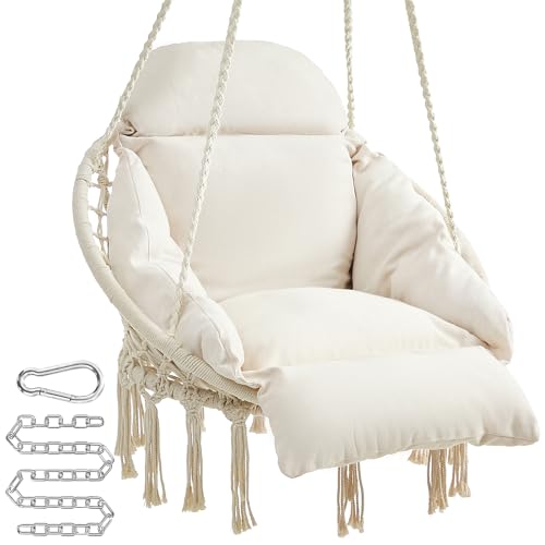 SONGMICS Hanging Chair, Hammock Chair with Large, Thick Cushion, Boho Swing Chair for Bedroom, Patio, Balcony, Garden, Holds up to 264 lb, Accessories Included, Cream White UGDC042M01