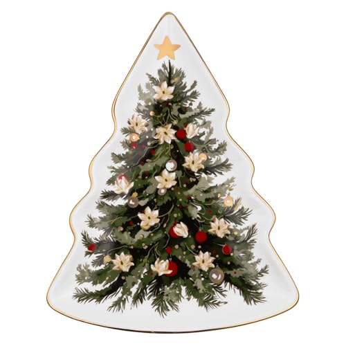 Draper James Christmas Tree Plate for Holiday Serving, Ceramic Dish with Gold Trim, 8.5x11 Cookie Plate, Christmas Tree