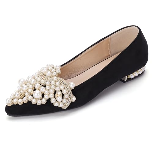 YJJQMYYCPA Flats for Women Bling Rhinestone Pointed Flat Shoes Comfort Slip on Low Heel Wedding Dress Shoes Ballet Flat Shoe Black 10