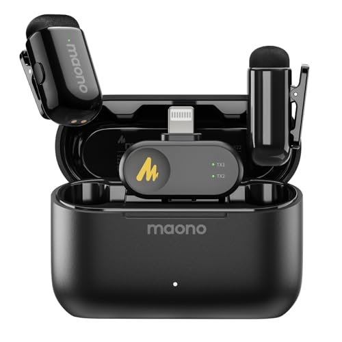 MAONO Wave T1 Mini Wireless Lavalier Microphone for iPhone iPad with MFi Certified Lightning Plug, Noise Cancellation, AI Voice Filter, 30H Used with Charging Case for Video Recording Vlog TikTok
