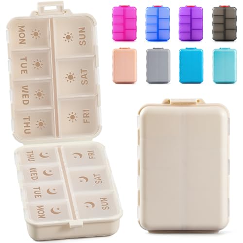 NEW Foldable & Double Protection Portable Weekly Pill Organizer 2 Times A Day with Etched Labels, AM PM 7 Day Week Medicine Box, Daily Travel Pill Case Holder Dispenser for Vitamin, Supplement - Khaki
