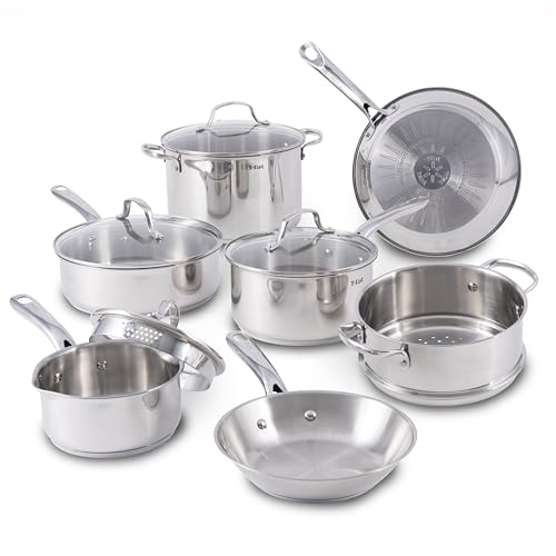 T-fal Gourmet Stainless Steel Cookware Set 11 Piece, Induction, Oven Broiler Safe 500F, Kitchen Cooking Set w/ Fry Pans, Saucepans, Sautepan, Dutch Oven, Steamer, Pots and Pans, Dishwasher Safe Silver