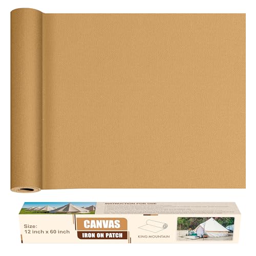KING MOUNTAIN Canvas Iron on Patch,12"×60",Waterproof 100% Cotton Fabric Repair Patch,Used for Various Sofa,Tent,Clothes,Seats,Suitcases (Light Brown,Waterproof)