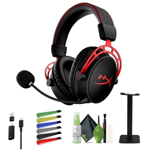 HyperX Cloud Alpha Wireless - Gaming Headset for PC, 300-hour Battery Life, DTS Headphone:X Spatial Audio, Noise-canceling mic, Durable Aluminum Frame, Red Bundle with Cleaning kit + Headphone Stand