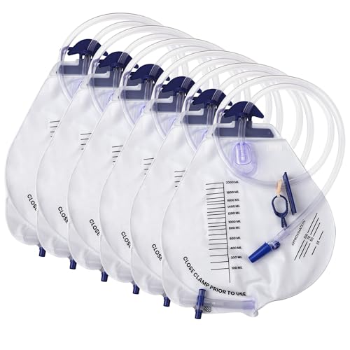 Urine Drainage Bags - 6 PCS 2000ml Individually Wrapped Catheter Bags with 43" Drainage Tube, Anti-Reflux Chamber, Splash-Proof Drain, Clips and Hooks, Professional Urine Bags for Home and Hospitals