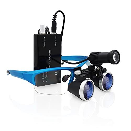 2.5X/3.5X 420mm Dental Loupe Magnifier Binocular Magnifier Surgery Surgical Medical Operation Loupe with Spotlight Head Light (3.5X, Blue)