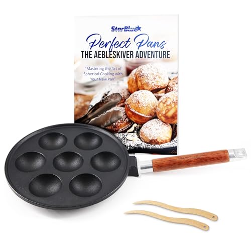 StarBlue 7-Hole Cast Iron Aebleskiver Pan Detachable Wooden Handle, Pre-Seasoned, Aebleskiver Sticks and Recipe Book Included