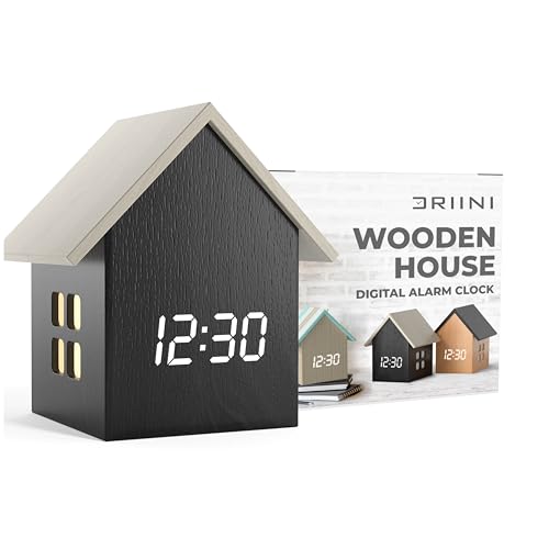 Driini Digital House Shaped Alarm Clock with Temperature Display (Dark Wood) – Modern Aesthetic with Cute Cube Frame and White LED Dimmer - Perfect Large Desk Clock for Bedside Table or Bedroom Mantle