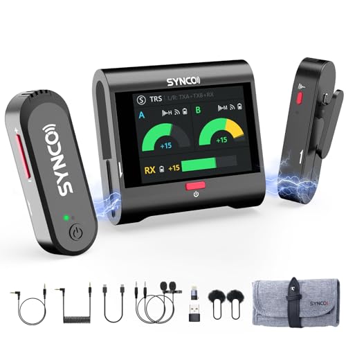 SYNCO Wireless Microphone with Touch Screen, G3 PRO 2.4G Dual Lavalier Mic 820FT 10H Battery Charging for DSLR Smartphone Laptop with Noise Reduction, Camera-Lapel-Microphones-for-Podcast