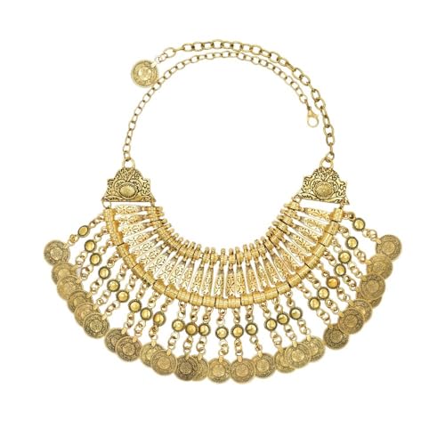 LOVDUSA Retro Multi-layer Metal Carved Tassel Necklace For Women Vintage Coin Short Necklace(Gold)
