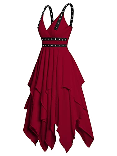 DRESSFO Women's Casual Sleeveless V Neck Tiered A Line Flowy Wrap Gothic Dress (Deep_Red_1/1X)