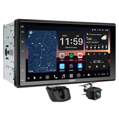 MYATOTO X10 Double DIN 7″ QLED Touchscreen Car Stereo, CarPlay & Android Auto, Support HDMI& Dual Bluetooth, 4G LTE & WiFi, GPS Navigation, 8GB + 128GB TF Card, DSP,Front & Rear Cameras Included