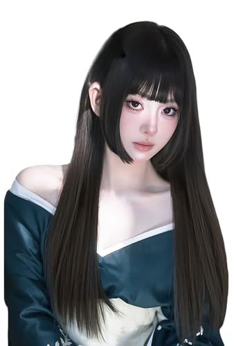VVRPWASSLY Brownish Black Japanese Princess Cut Wig Long Straight Layered Hair with Bangs Synthetic Wig for Daily Party