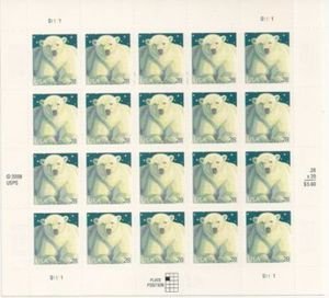 Polar Bear Sheet of Twenty 28 Cent Stamps Scott 4387