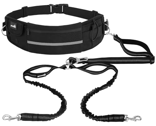 Pecute Hands Free 2 Dogs Waist Belt Fanny Pack with Soft Padded, Dual Dog Leash with Pouch, 3 Padded Handles, Durable Bungee, Black Waist Leash for Running Walking Hiking Jogging Biking